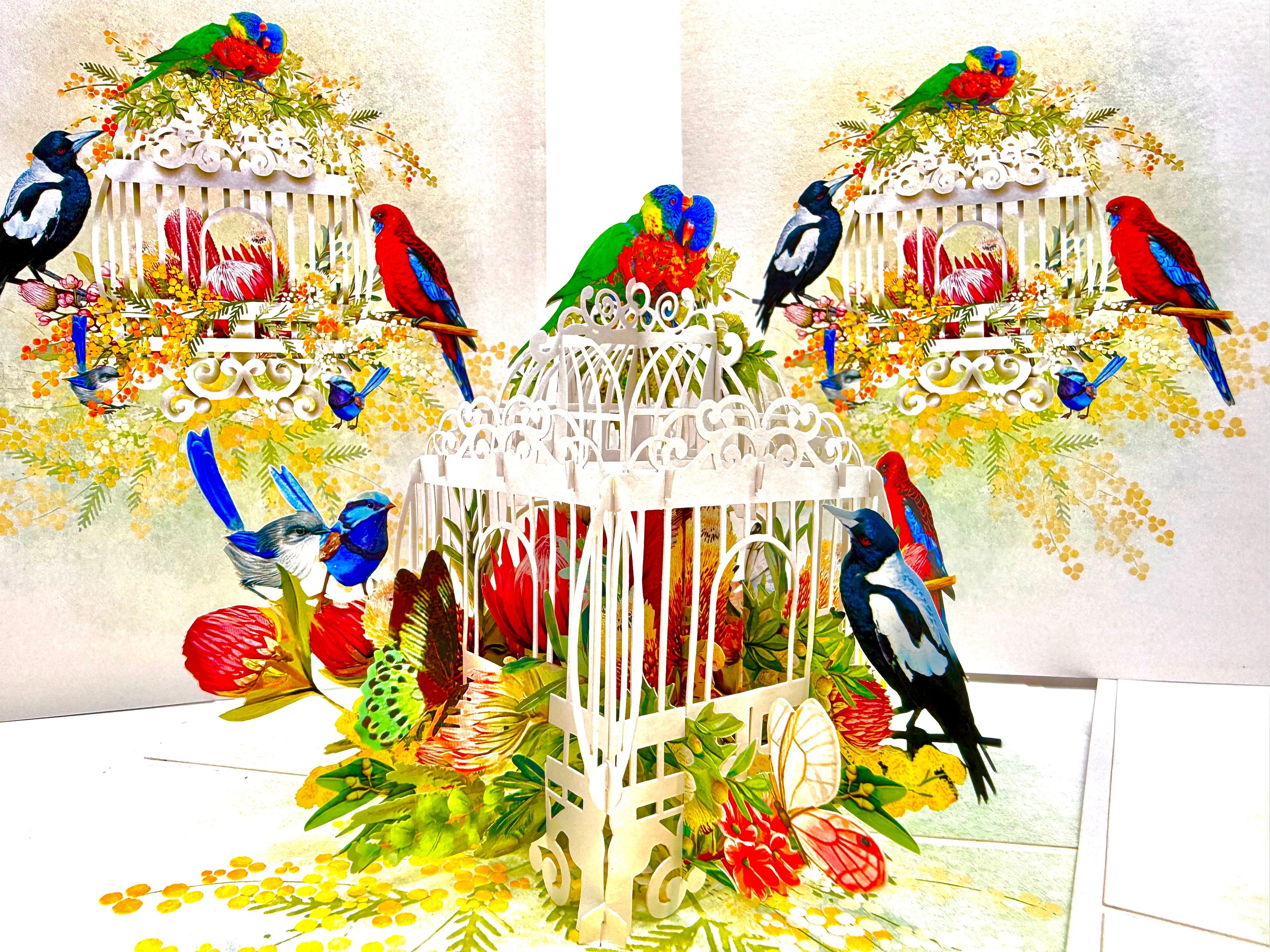 Australian Native Bird Cage with Flowers & Butterflies Origami Pop Cards 3D Pop Up Greeting Card Celebrate Happy Birthday Thank You Handmade Best Wishes Gift Thinking of You Blank Card for Any Occasion Happy Mother's Day Happy Father's Day Australiana