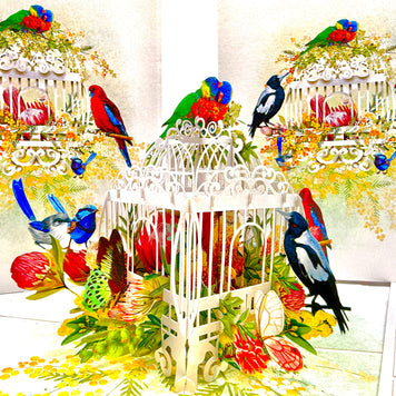 Australian Native Bird Cage with Flowers & Butterflies Origami Pop Cards 3D Pop Up Greeting Card Celebrate Happy Birthday Thank You Handmade Best Wishes Gift Thinking of You Blank Card for Any Occasion Happy Mother's Day Happy Father's Day Australiana