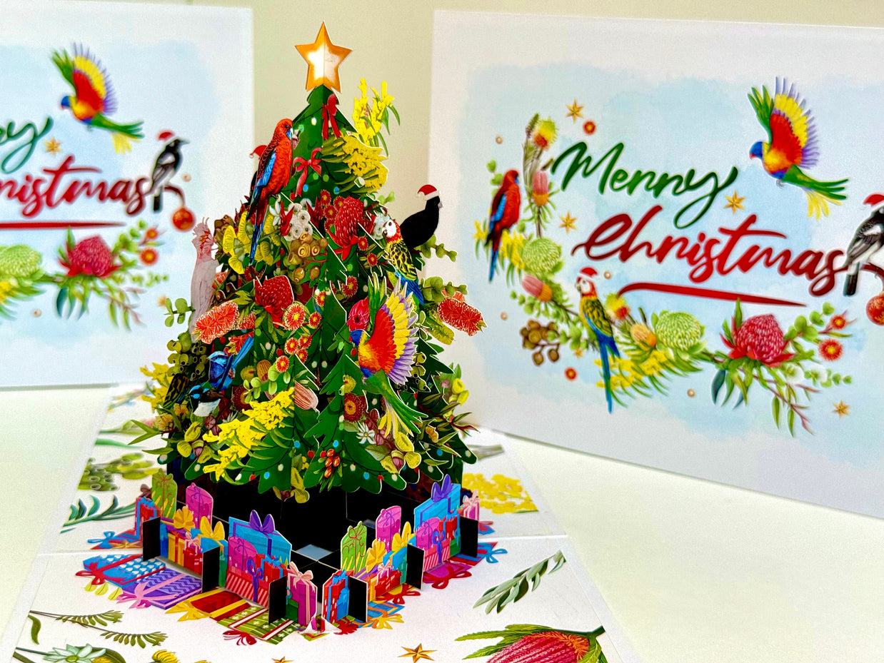 Australian Native Birds & Flowers Christmas Tree Origami Pop Cards 3D Pop Up Greeting Card Merry Christmas Thank You Handmade Best Wishes Blank Card Gift Happy Holidays Celebrate the Special Day