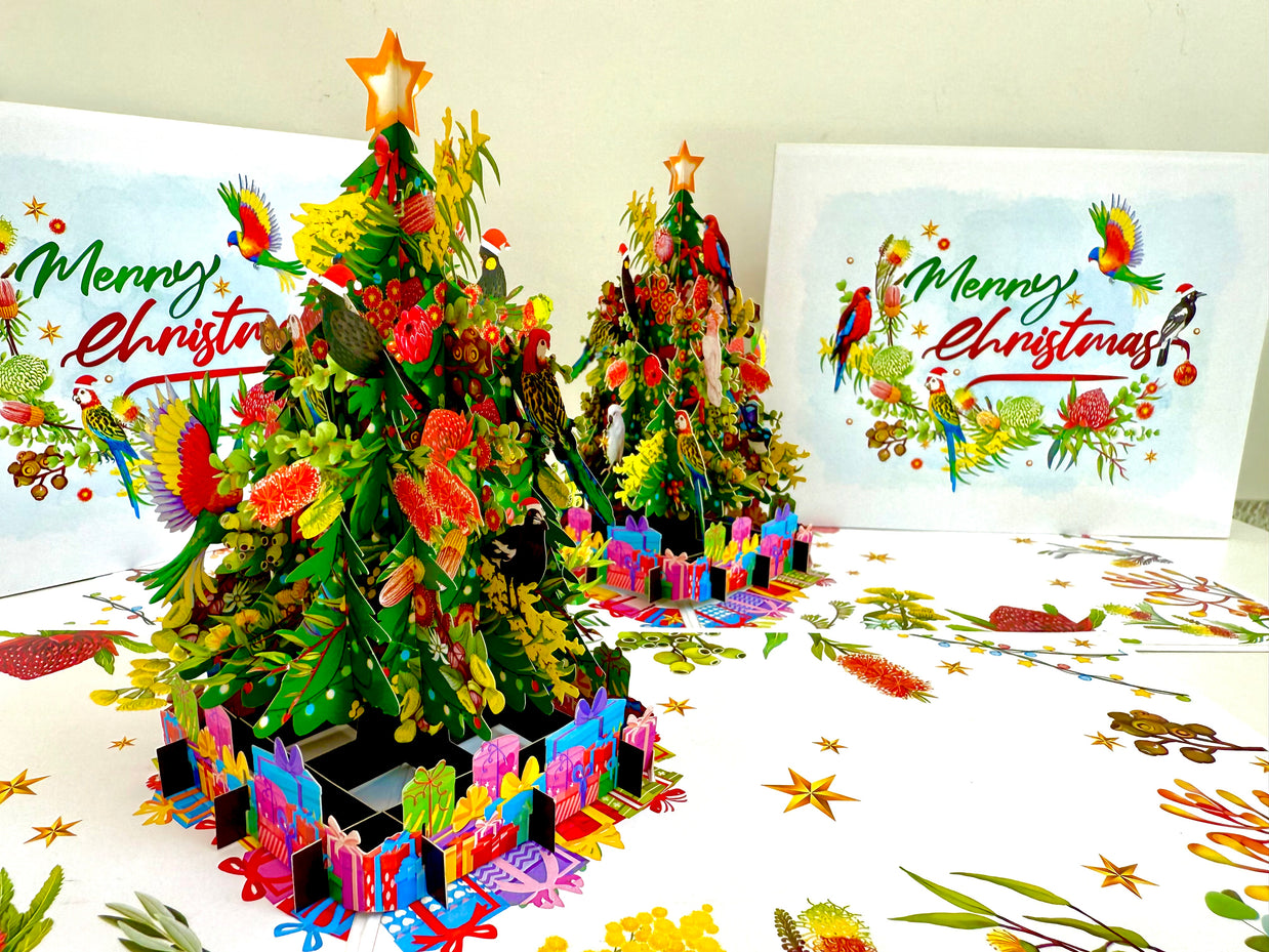 Australian Native Birds & Flowers Christmas Tree Origami Pop Cards 3D Pop Up Greeting Card Merry Christmas Thank You Handmade Best Wishes Blank Card Gift Happy Holidays Celebrate the Special Day