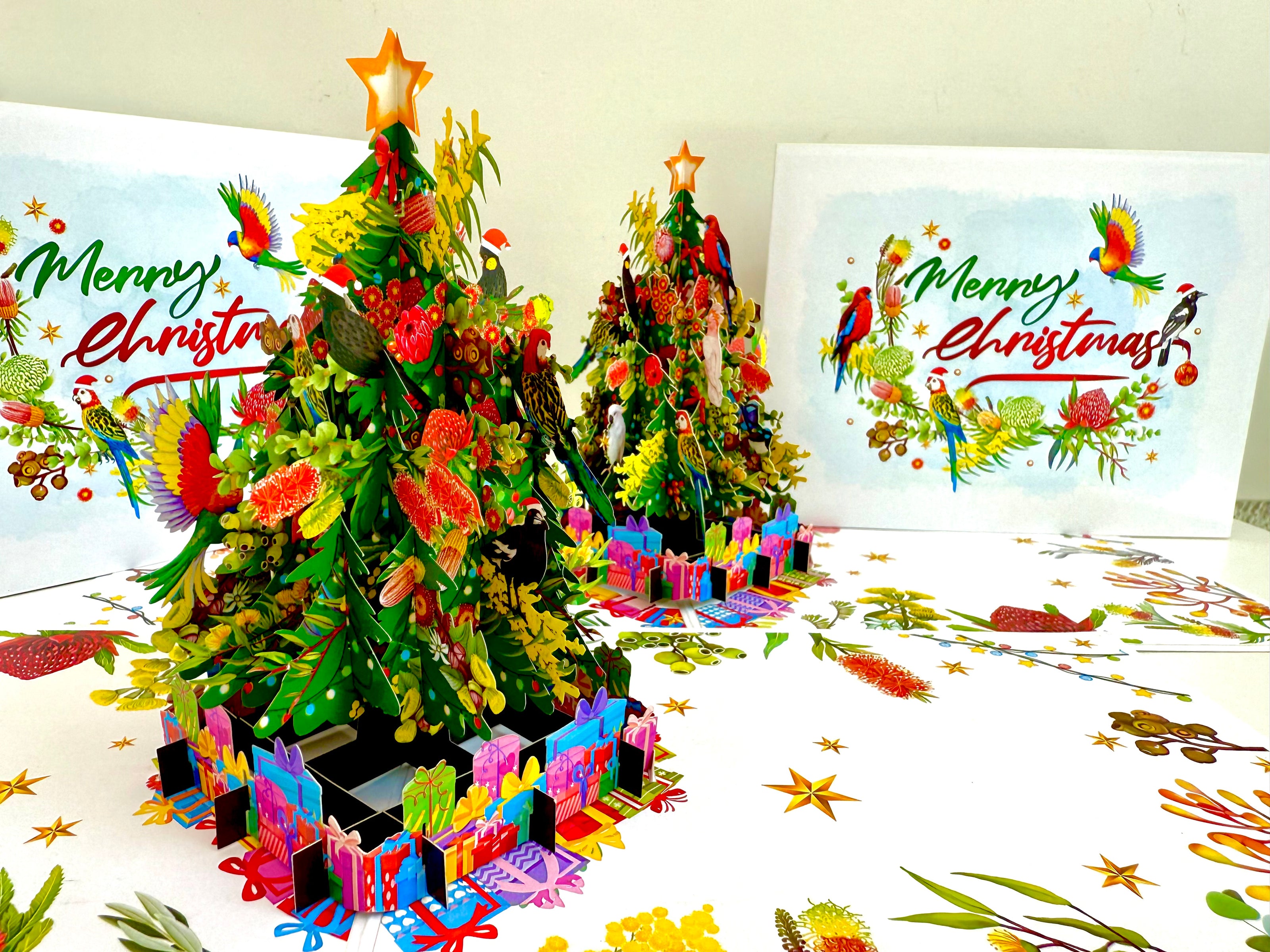 Australian Native Birds & Flowers Christmas Tree Origami Pop Cards 3D Pop Up Greeting Card Merry Christmas Thank You Handmade Best Wishes Blank Card Gift Happy Holidays Celebrate the Special Day