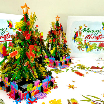 Australian Native Birds & Flowers Christmas Tree Origami Pop Cards 3D Pop Up Greeting Card Merry Christmas Thank You Handmade Best Wishes Blank Card Gift Happy Holidays Celebrate the Special Day
