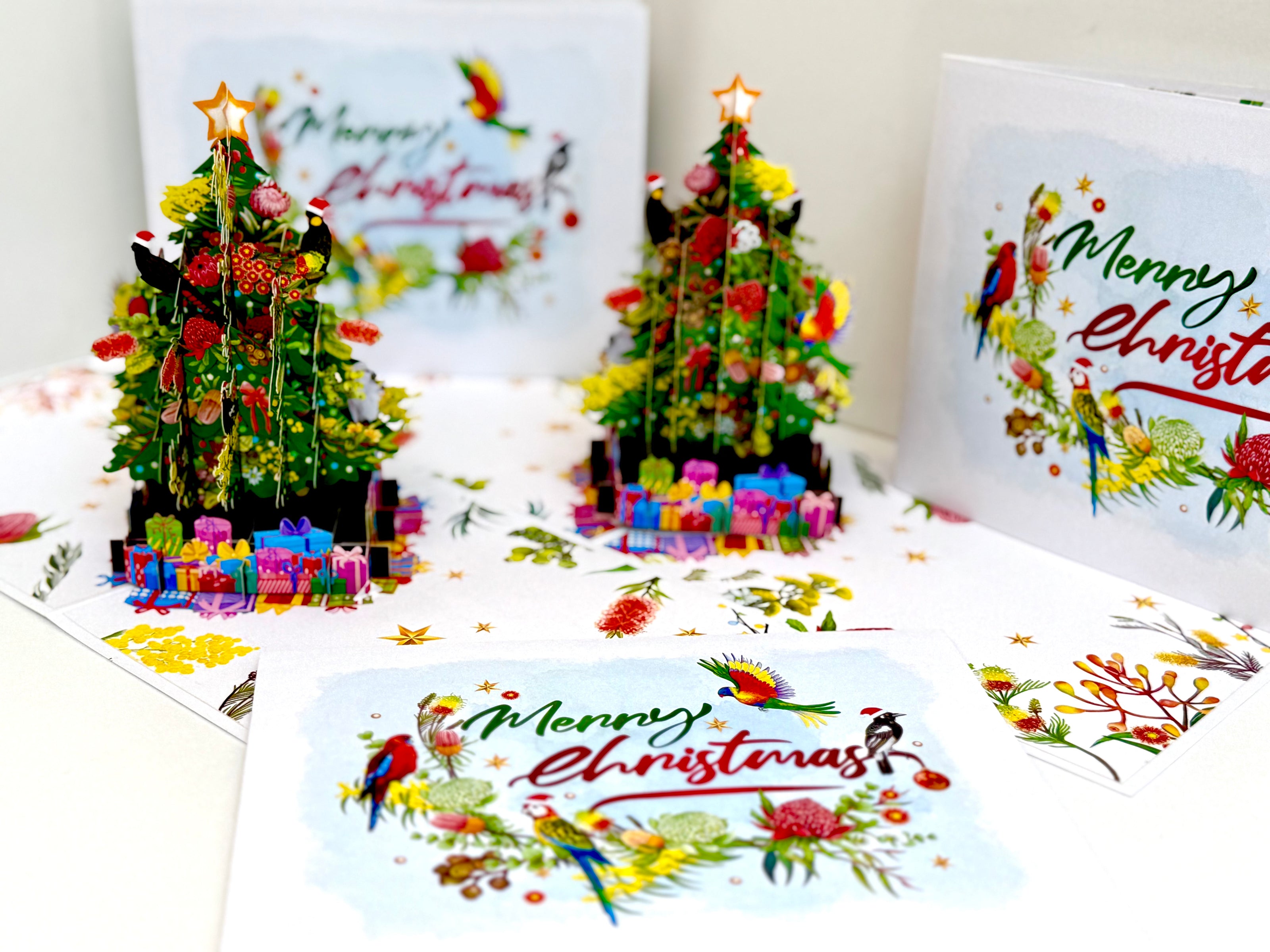 Australian Native Birds & Flowers Christmas Tree Origami Pop Cards 3D Pop Up Greeting Card Merry Christmas Thank You Handmade Best Wishes Blank Card Gift Happy Holidays Celebrate the Special Day
