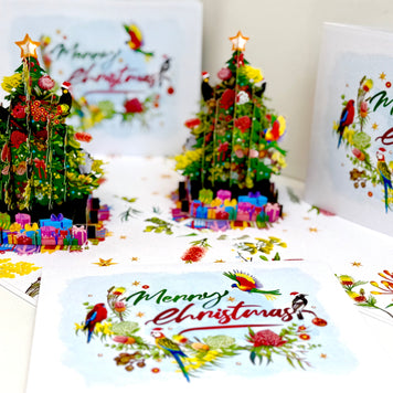 Australian Native Birds & Flowers Christmas Tree Origami Pop Cards 3D Pop Up Greeting Card Merry Christmas Thank You Handmade Best Wishes Blank Card Gift Happy Holidays Celebrate the Special Day