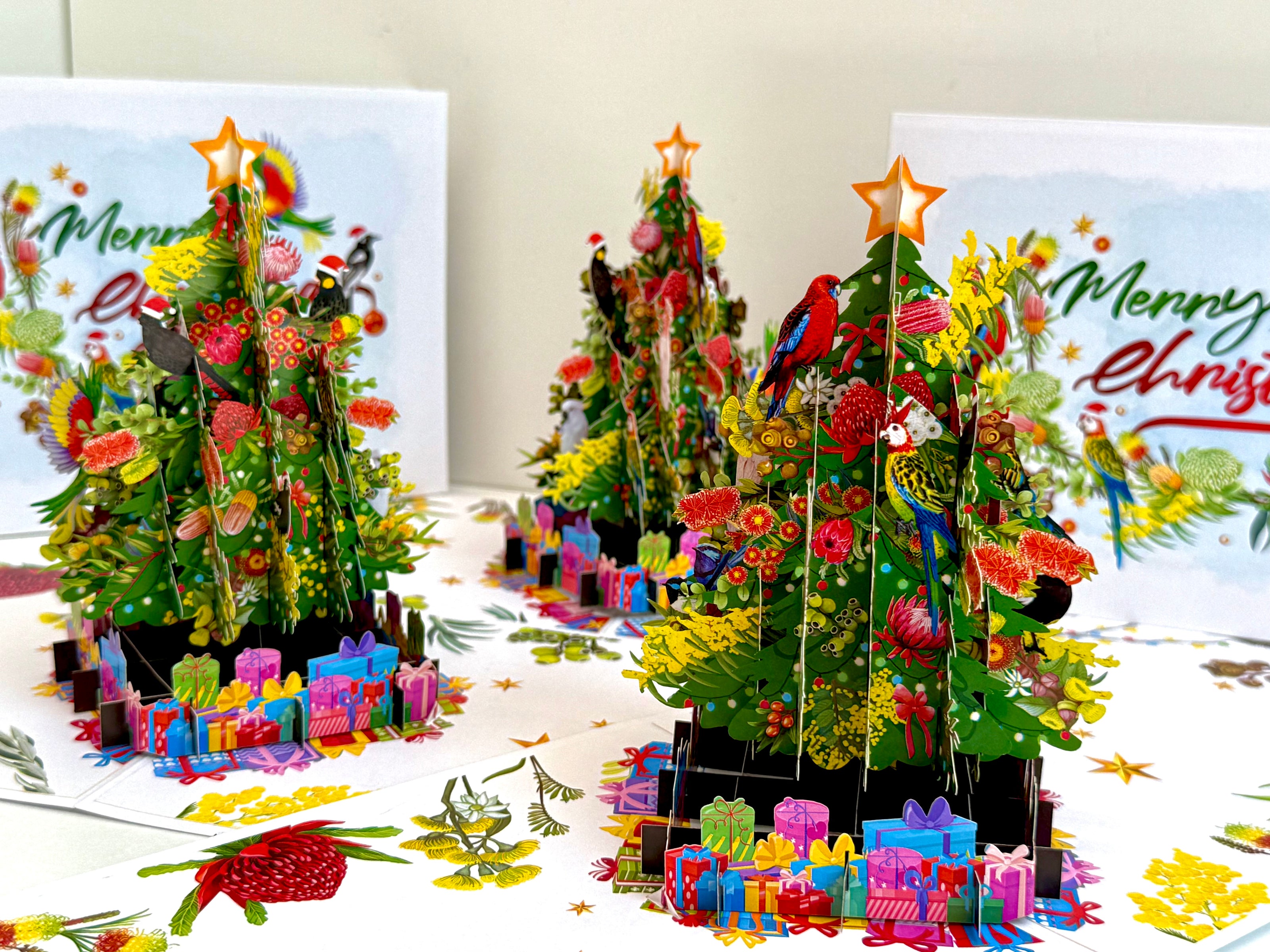 Australian Native Birds & Flowers Christmas Tree Origami Pop Cards 3D Pop Up Greeting Card Merry Christmas Thank You Handmade Best Wishes Blank Card Gift Happy Holidays Celebrate the Special Day