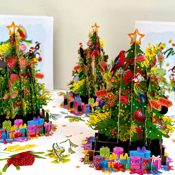 Australian Native Birds & Flowers Christmas Tree Origami Pop Cards 3D Pop Up Greeting Card Merry Christmas Thank You Handmade Best Wishes Blank Card Gift Happy Holidays Celebrate the Special Day