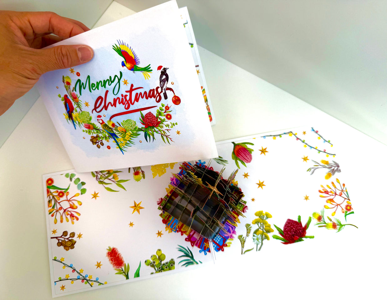 Australian Native Birds & Flowers Christmas Tree Origami Pop Cards 3D Pop Up Greeting Card Merry Christmas Thank You Handmade Best Wishes Blank Card Gift Happy Holidays Celebrate the Special Day
