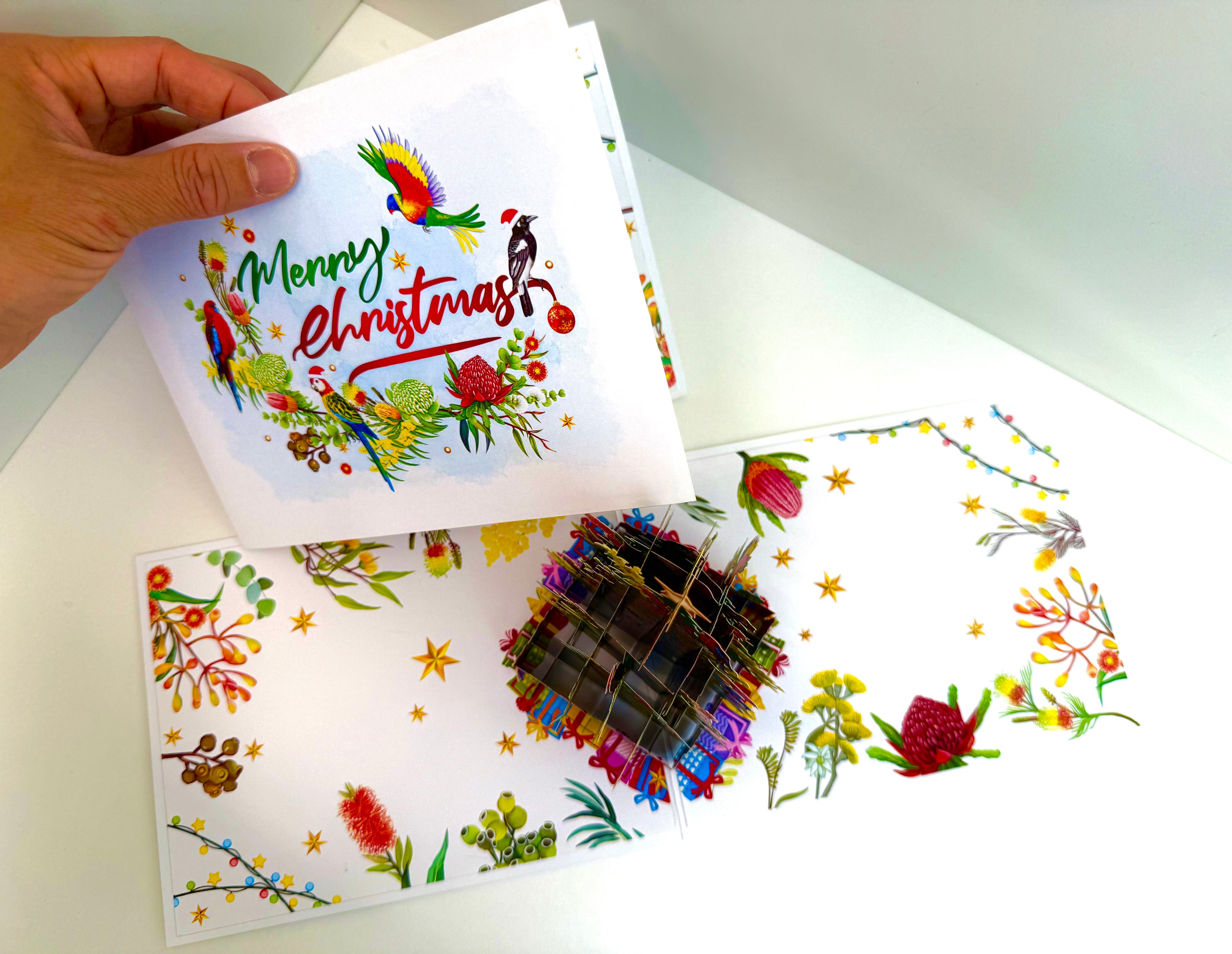 Australian Native Birds & Flowers Christmas Tree Origami Pop Cards 3D Pop Up Greeting Card Merry Christmas Thank You Handmade Best Wishes Blank Card Gift Happy Holidays Celebrate the Special Day