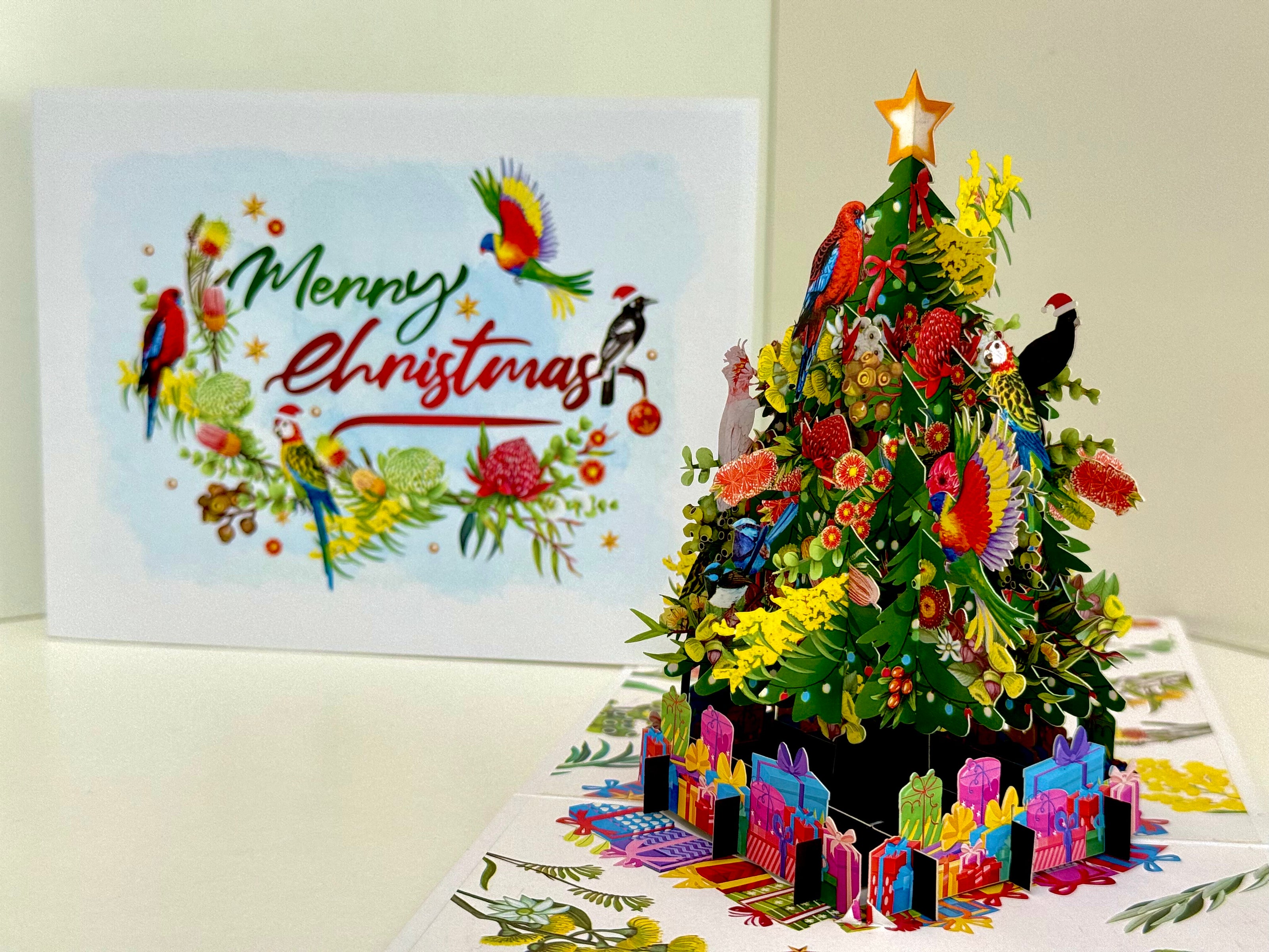 Australian Native Birds & Flowers Christmas Tree Origami Pop Cards 3D Pop Up Greeting Card Merry Christmas Thank You Handmade Best Wishes Blank Card Gift Happy Holidays Celebrate the Special Day