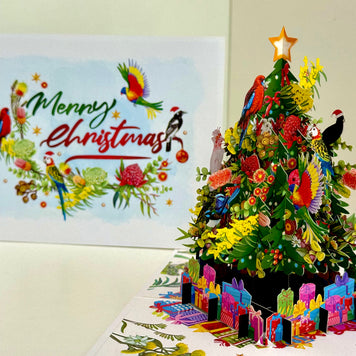 Australian Native Birds & Flowers Christmas Tree Origami Pop Cards 3D Pop Up Greeting Card Merry Christmas Thank You Handmade Best Wishes Blank Card Gift Happy Holidays Celebrate the Special Day