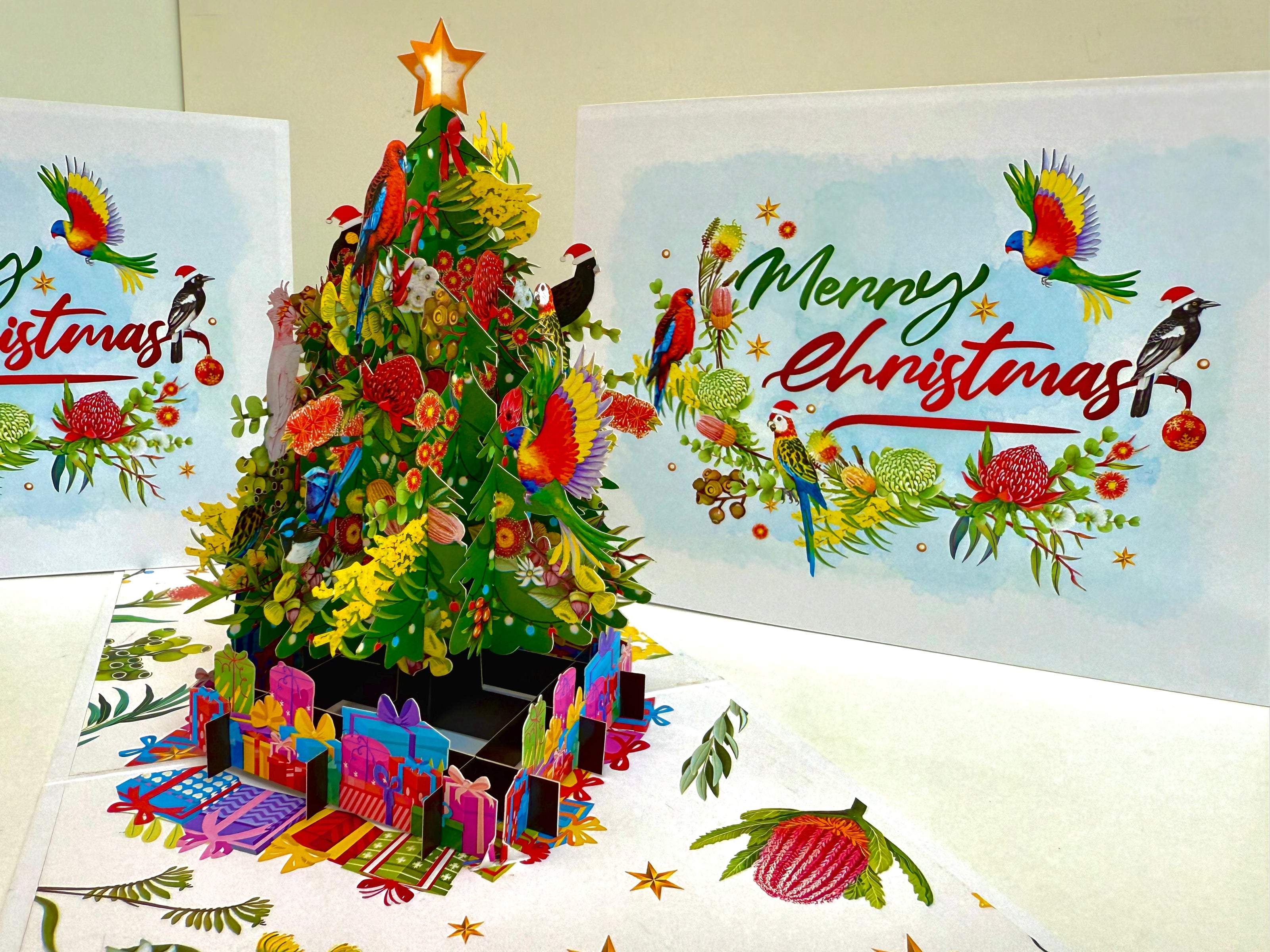 Australian Native Birds & Flowers Christmas Tree Origami Pop Cards 3D Pop Up Greeting Card Merry Christmas Thank You Handmade Best Wishes Blank Card Gift Happy Holidays Celebrate the Special Day