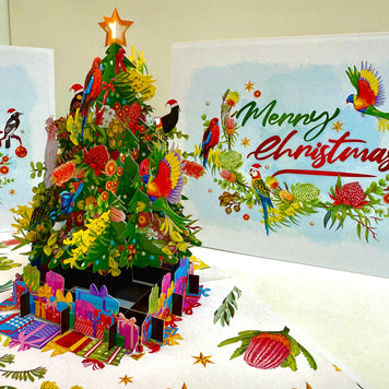 Australian Native Birds & Flowers Christmas Tree Origami Pop Cards 3D Pop Up Greeting Card Merry Christmas Thank You Handmade Best Wishes Blank Card Gift Happy Holidays Celebrate the Special Day