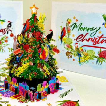 Australian Native Birds & Flowers Christmas Tree Origami Pop Cards 3D Pop Up Greeting Card Merry Christmas Thank You Handmade Best Wishes Blank Card Gift Happy Holidays Celebrate the Special Day