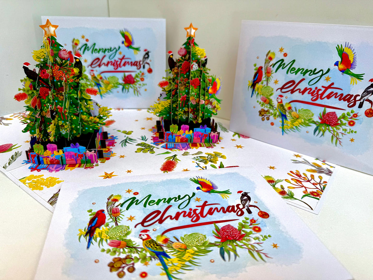 Australian Native Birds & Flowers Christmas Tree Origami Pop Cards 3D Pop Up Greeting Card Merry Christmas Thank You Handmade Best Wishes Blank Card Gift Happy Holidays Celebrate the Special Day
