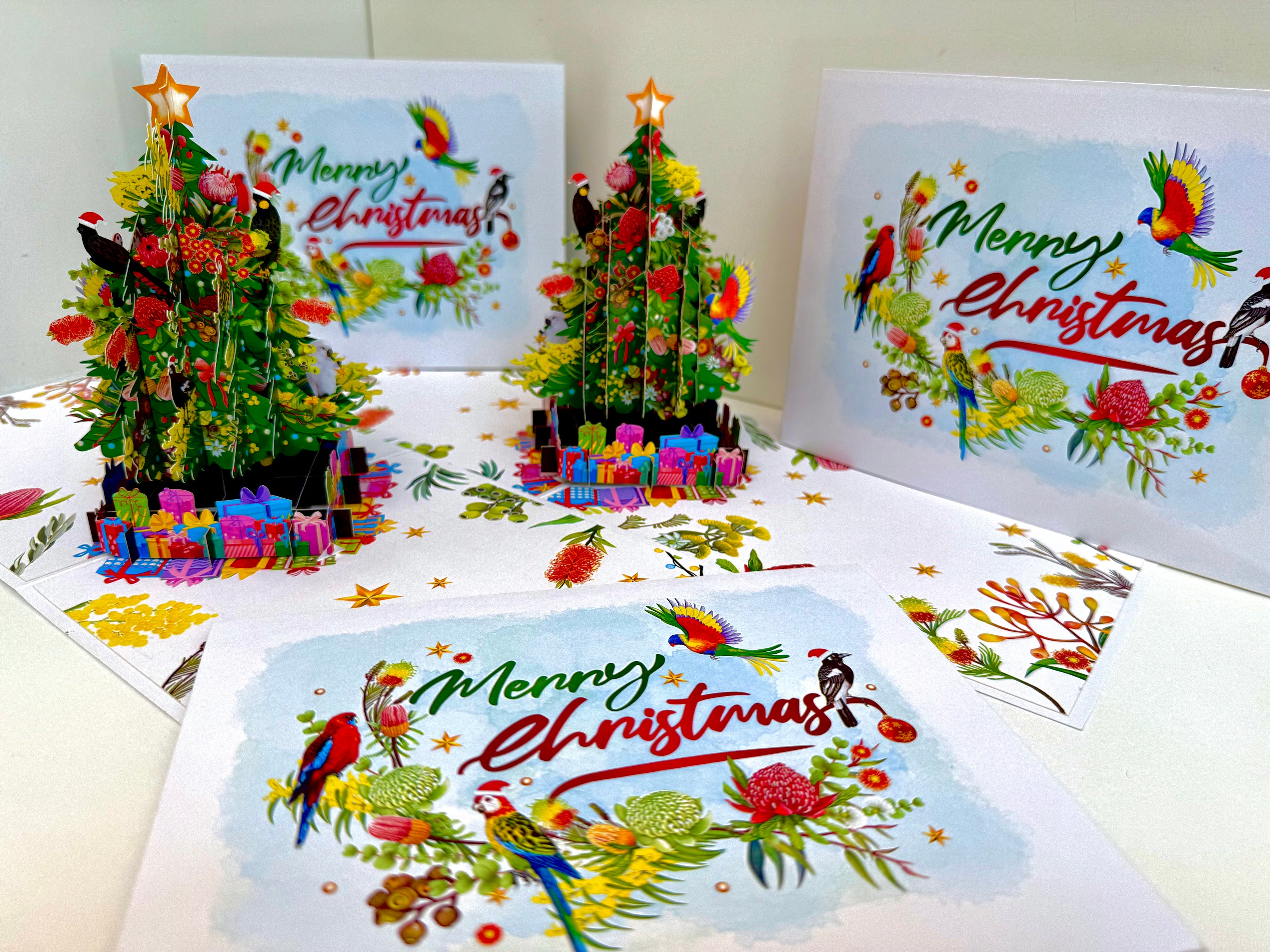 Australian Native Birds & Flowers Christmas Tree Origami Pop Cards 3D Pop Up Greeting Card Merry Christmas Thank You Handmade Best Wishes Blank Card Gift Happy Holidays Celebrate the Special Day