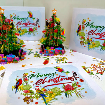 Australian Native Birds & Flowers Christmas Tree Origami Pop Cards 3D Pop Up Greeting Card Merry Christmas Thank You Handmade Best Wishes Blank Card Gift Happy Holidays Celebrate the Special Day