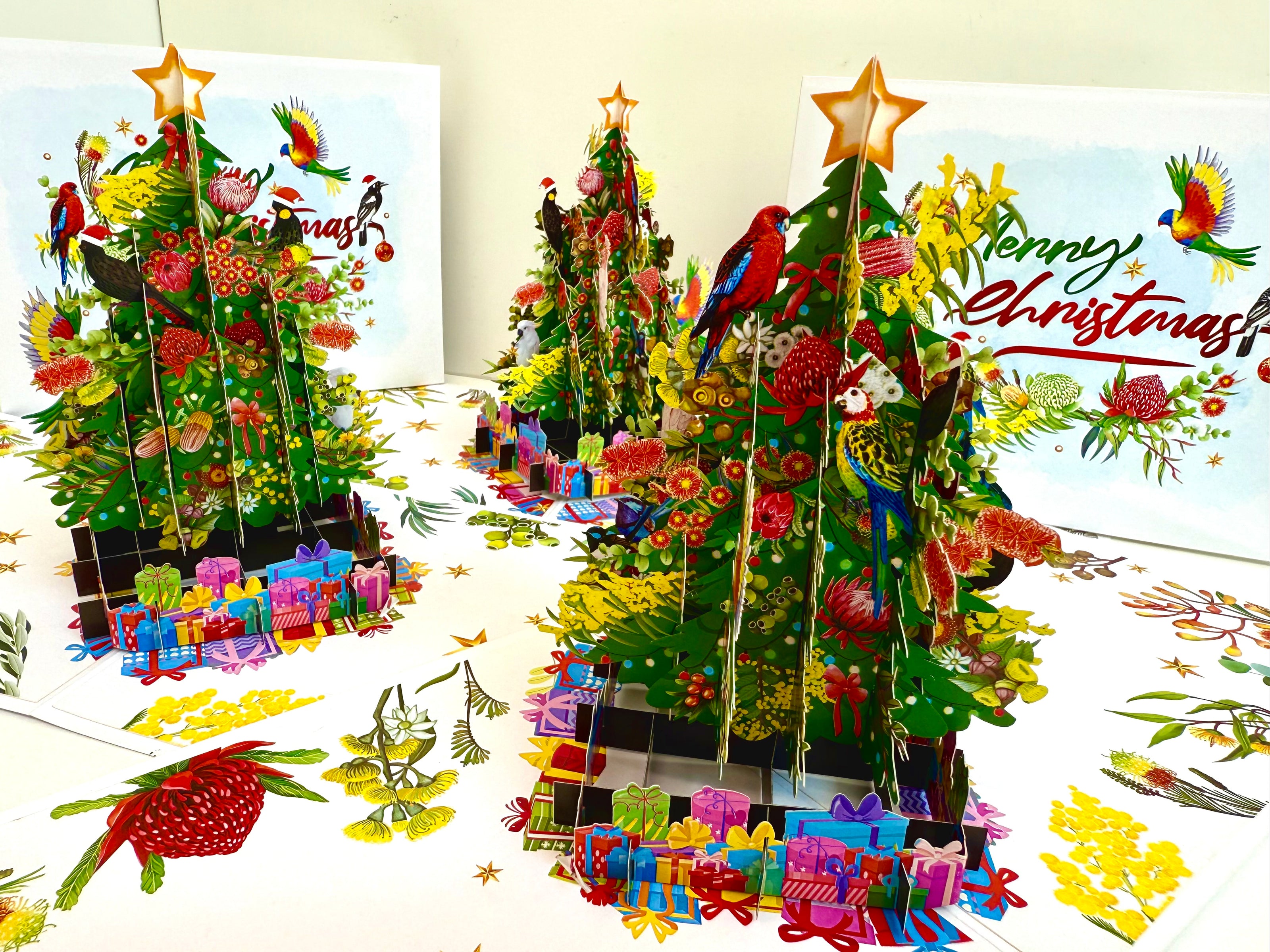 Australian Native Birds & Flowers Christmas Tree Origami Pop Cards 3D Pop Up Greeting Card Merry Christmas Thank You Handmade Best Wishes Blank Card Gift Happy Holidays Celebrate the Special Day