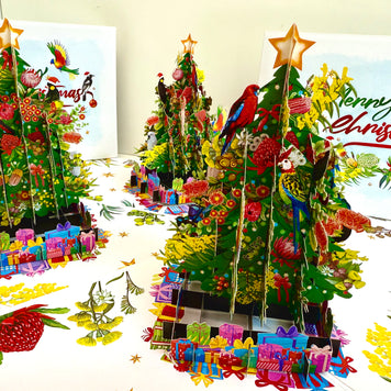 Australian Native Birds & Flowers Christmas Tree Origami Pop Cards 3D Pop Up Greeting Card Merry Christmas Thank You Handmade Best Wishes Blank Card Gift Happy Holidays Celebrate the Special Day