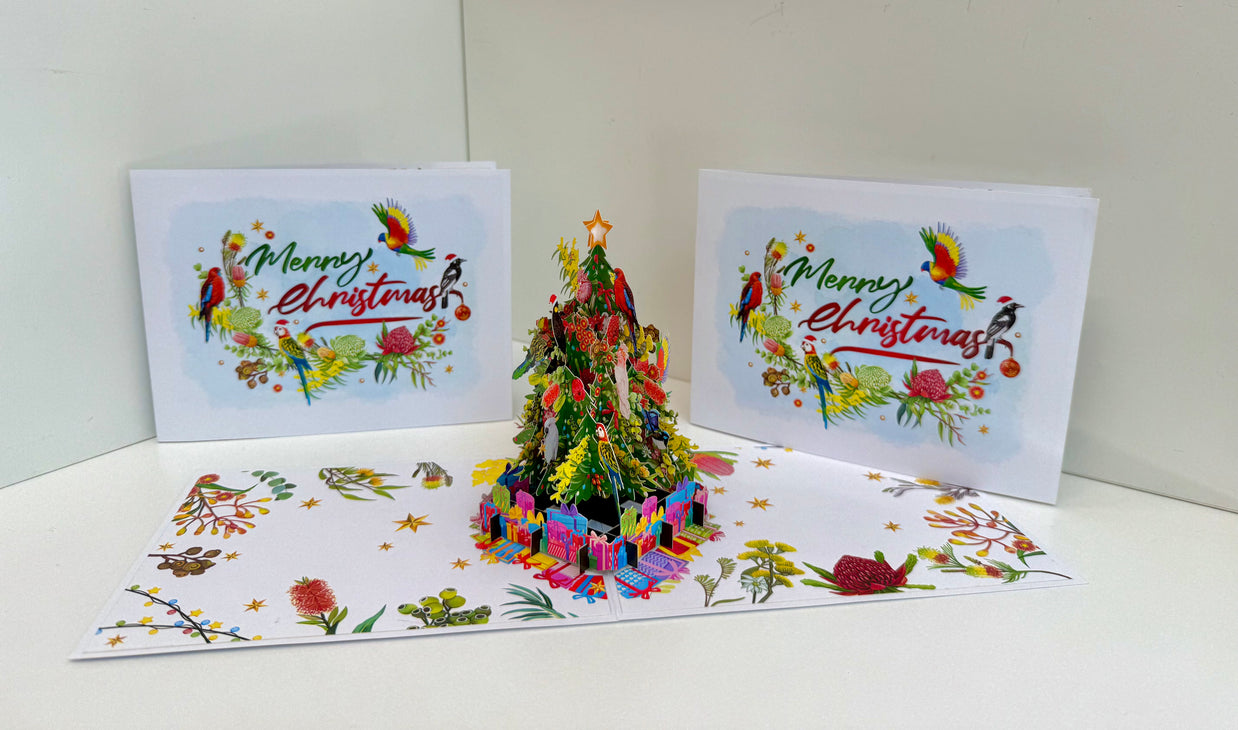 Australian Native Birds & Flowers Christmas Tree Origami Pop Cards 3D Pop Up Greeting Card Merry Christmas Thank You Handmade Best Wishes Blank Card Gift Happy Holidays Celebrate the Special Day