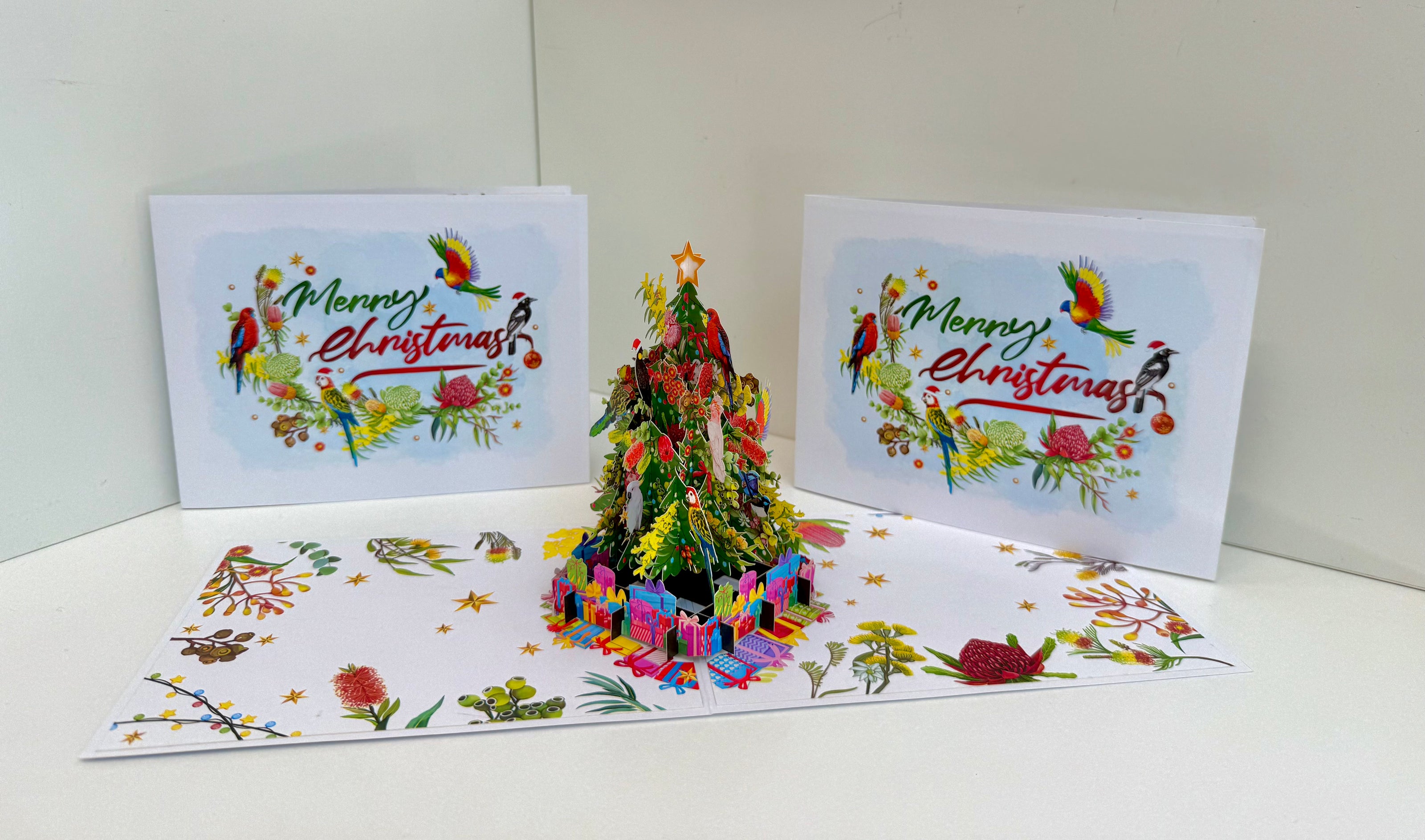 Australian Native Birds & Flowers Christmas Tree Origami Pop Cards 3D Pop Up Greeting Card Merry Christmas Thank You Handmade Best Wishes Blank Card Gift Happy Holidays Celebrate the Special Day