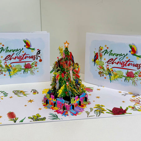 Australian Native Birds & Flowers Christmas Tree Origami Pop Cards 3D Pop Up Greeting Card Merry Christmas Thank You Handmade Best Wishes Blank Card Gift Happy Holidays Celebrate the Special Day