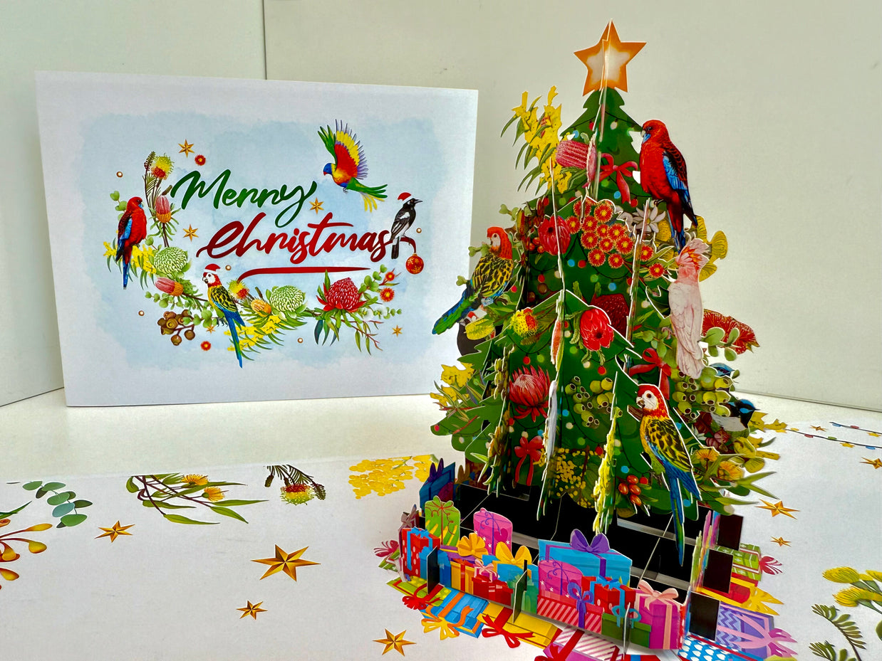 Australian Native Birds & Flowers Christmas Tree Origami Pop Cards 3D Pop Up Greeting Card Merry Christmas Thank You Handmade Best Wishes Blank Card Gift Happy Holidays Celebrate the Special Day