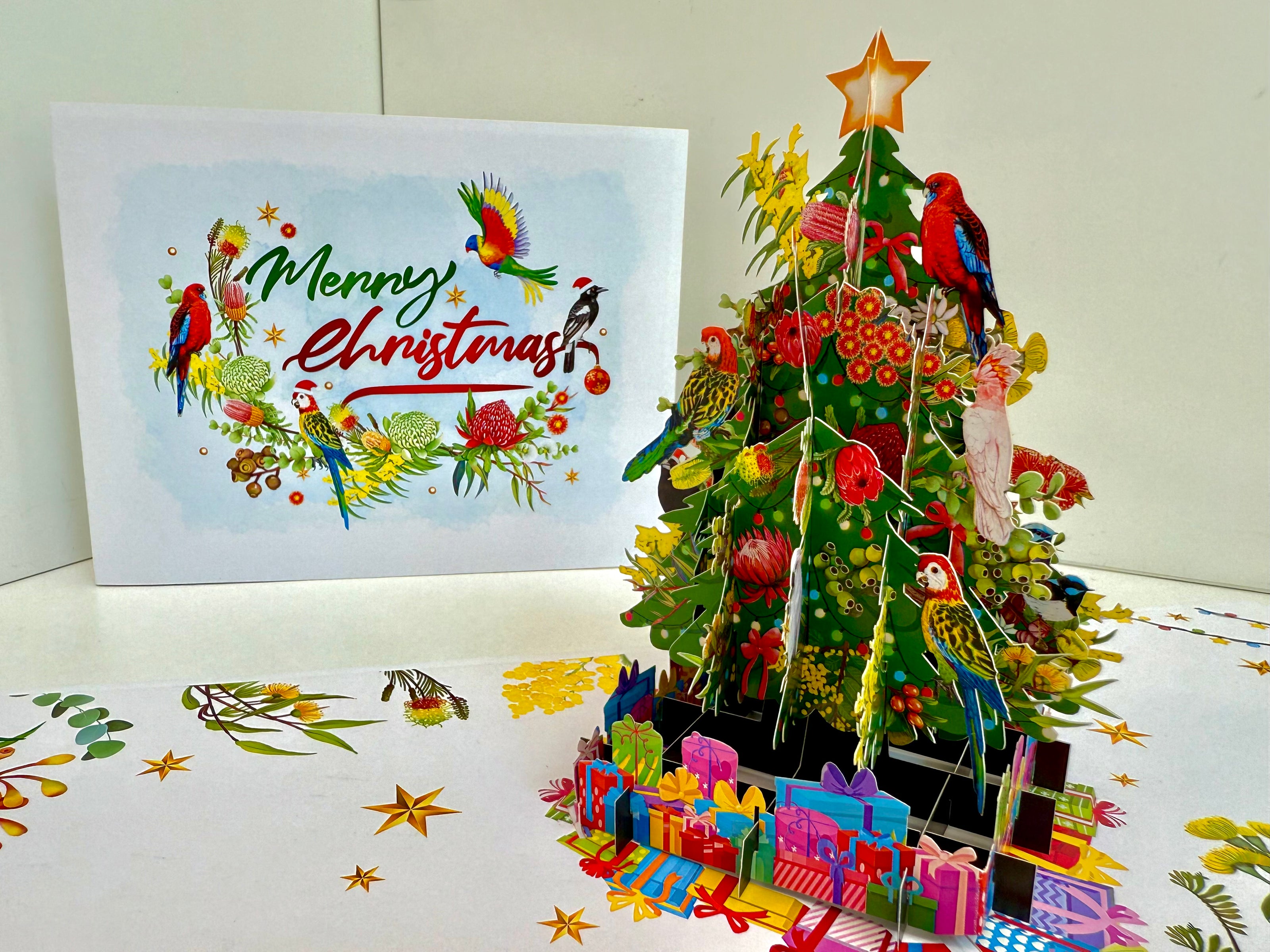 Australian Native Birds & Flowers Christmas Tree Origami Pop Cards 3D Pop Up Greeting Card Merry Christmas Thank You Handmade Best Wishes Blank Card Gift Happy Holidays Celebrate the Special Day