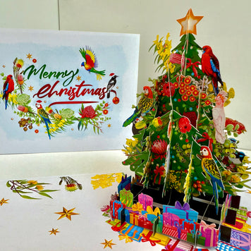 Australian Native Birds & Flowers Christmas Tree Origami Pop Cards 3D Pop Up Greeting Card Merry Christmas Thank You Handmade Best Wishes Blank Card Gift Happy Holidays Celebrate the Special Day