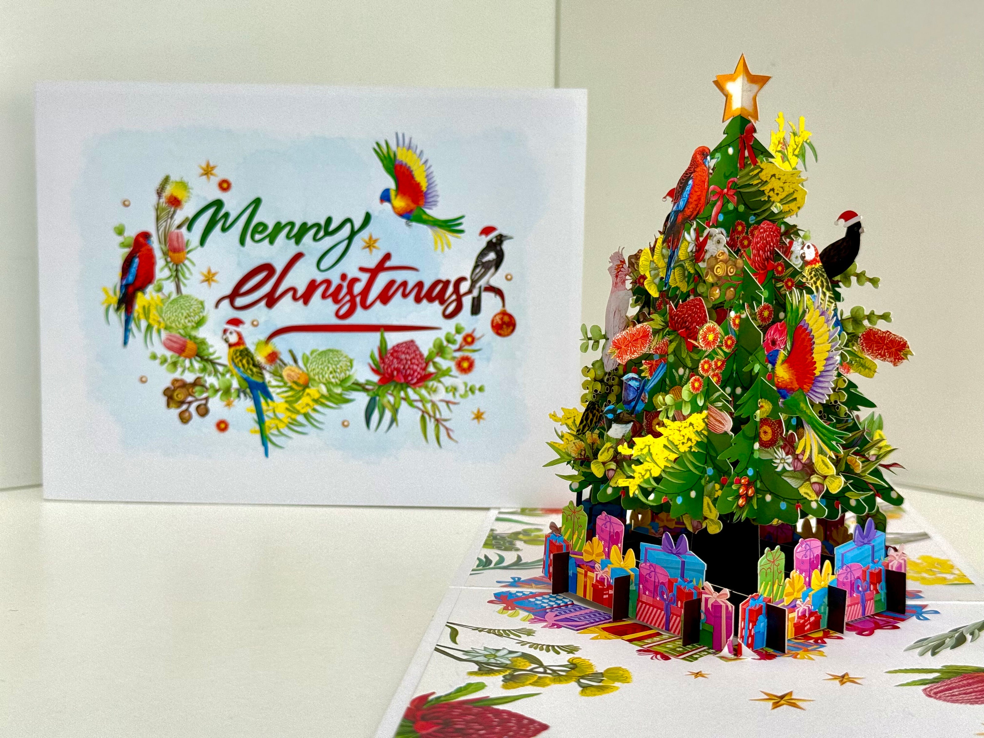 Australian Native Birds & Flowers Christmas Tree Origami Pop Cards 3D Pop Up Greeting Card Merry Christmas Thank You Handmade Best Wishes Blank Card Gift Happy Holidays Celebrate the Special Day