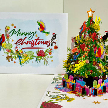 Australian Native Birds & Flowers Christmas Tree Origami Pop Cards 3D Pop Up Greeting Card Merry Christmas Thank You Handmade Best Wishes Blank Card Gift Happy Holidays Celebrate the Special Day