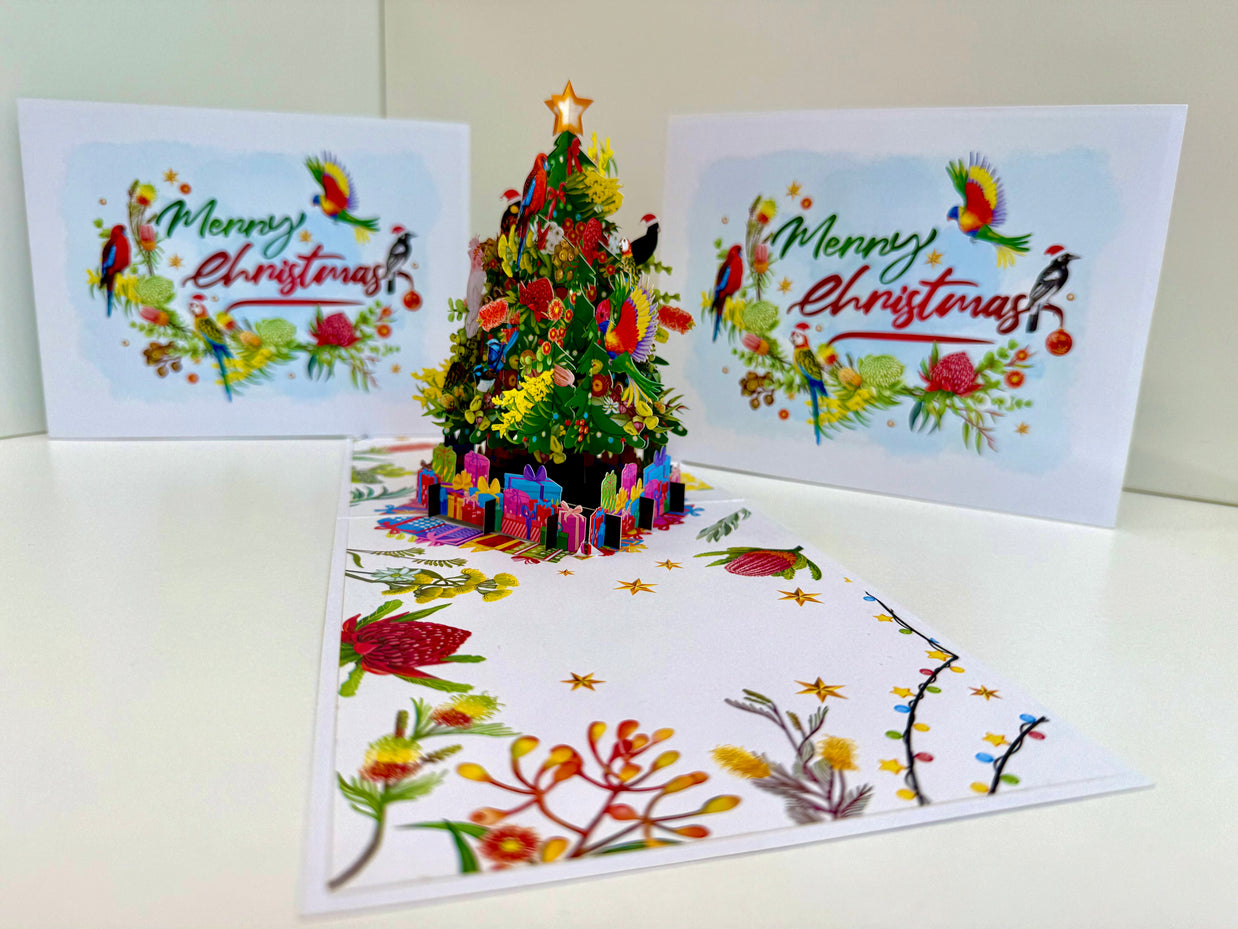 Australian Native Birds & Flowers Christmas Tree Origami Pop Cards 3D Pop Up Greeting Card Merry Christmas Thank You Handmade Best Wishes Blank Card Gift Happy Holidays Celebrate the Special Day