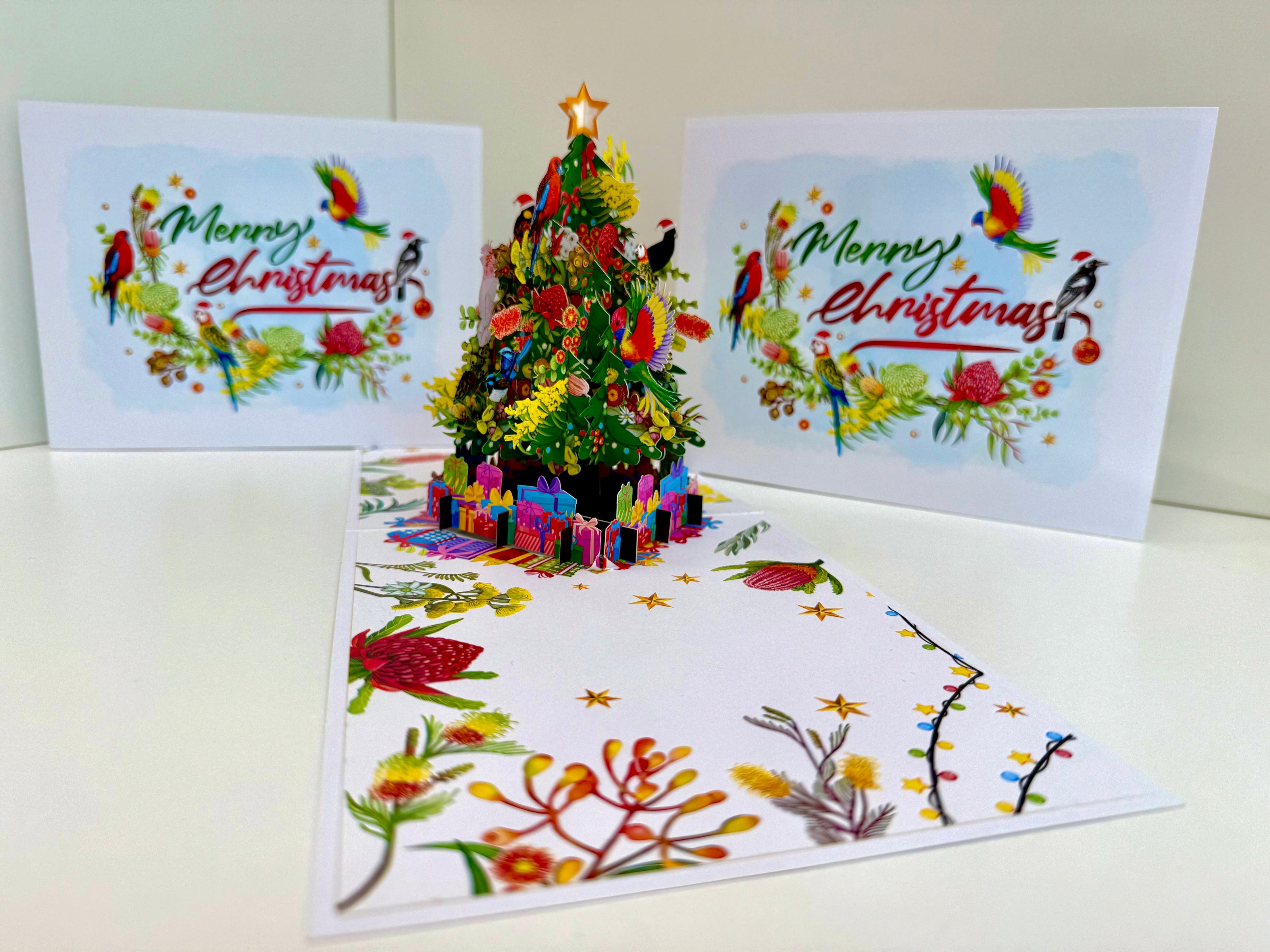 Australian Native Birds & Flowers Christmas Tree Origami Pop Cards 3D Pop Up Greeting Card Merry Christmas Thank You Handmade Best Wishes Blank Card Gift Happy Holidays Celebrate the Special Day
