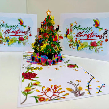 Australian Native Birds & Flowers Christmas Tree Origami Pop Cards 3D Pop Up Greeting Card Merry Christmas Thank You Handmade Best Wishes Blank Card Gift Happy Holidays Celebrate the Special Day