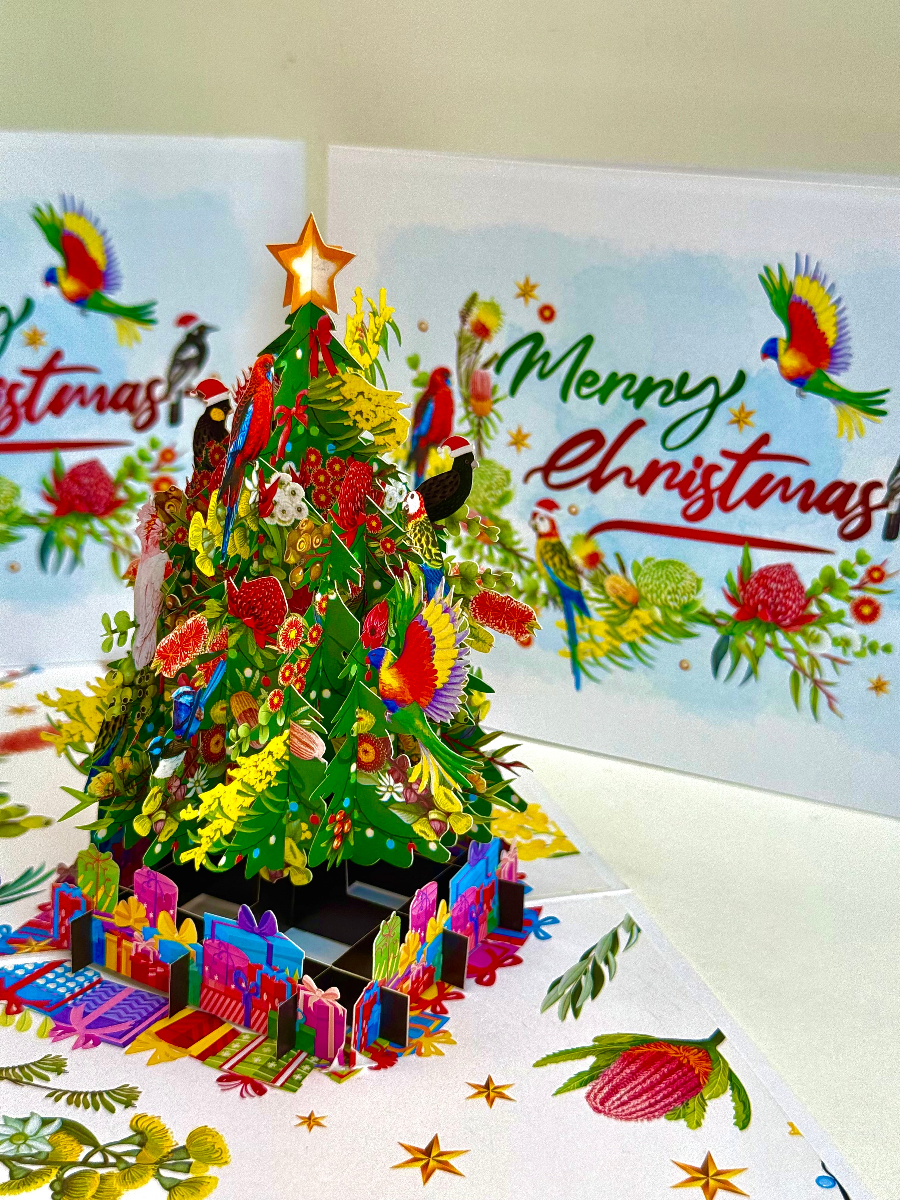 Australian Native Birds & Flowers Christmas Tree Origami Pop Cards 3D Pop Up Greeting Card Merry Christmas Thank You Handmade Best Wishes Blank Card Gift Happy Holidays Celebrate the Special Day