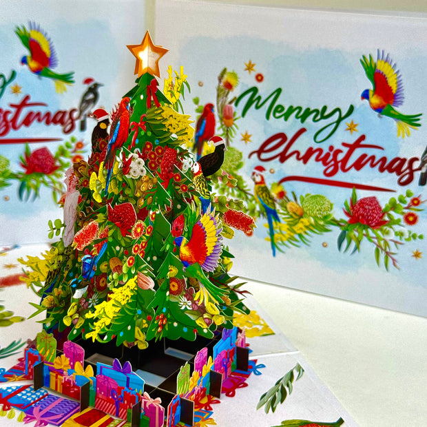 Australian Native Birds & Flowers Christmas Tree Origami Pop Cards 3D Pop Up Greeting Card Merry Christmas Thank You Handmade Best Wishes Blank Card Gift Happy Holidays Celebrate the Special Day