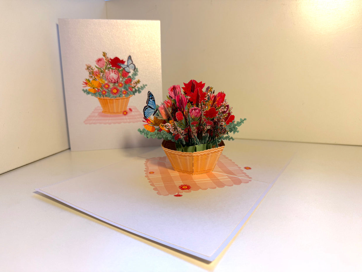 Australian Native Flower Basket with a Blue Butterfly Origami Pop Cards 3D Pop Up Greeting Card Happy Birthday Thank You Handmade Gift Thinking of You Blank Card for Any Occasion Happy Mother's Day Happy Father's Australiana Celebrate the Beauty of Flower