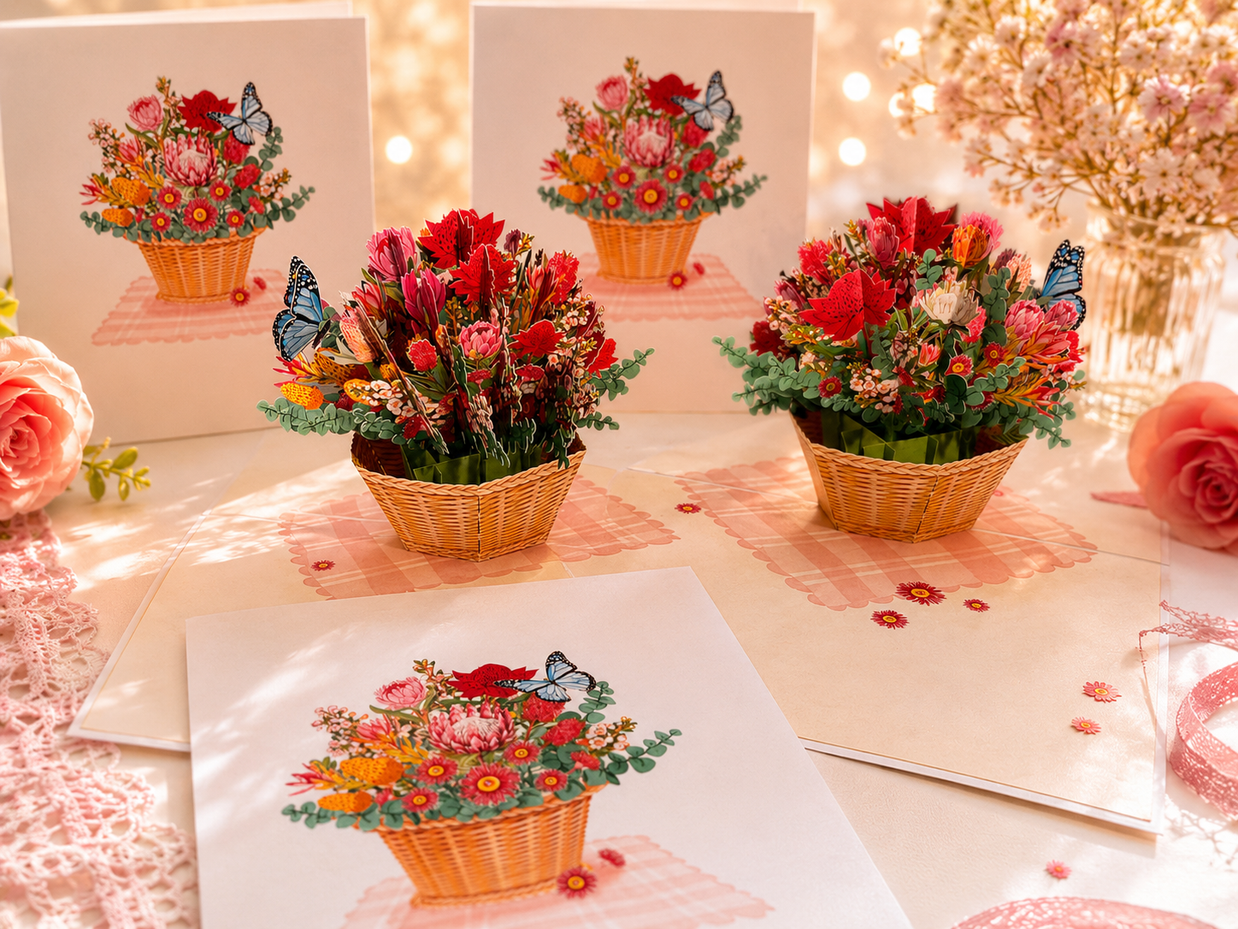 Australian Native Flower Basket with a Blue Butterfly Origami Pop Cards 3D Pop Up Greeting Card Happy Birthday Thank You Handmade Gift Thinking of You Blank Card for Any Occasion Happy Mother's Day Happy Father's Australiana Celebrate the Beauty of Flower