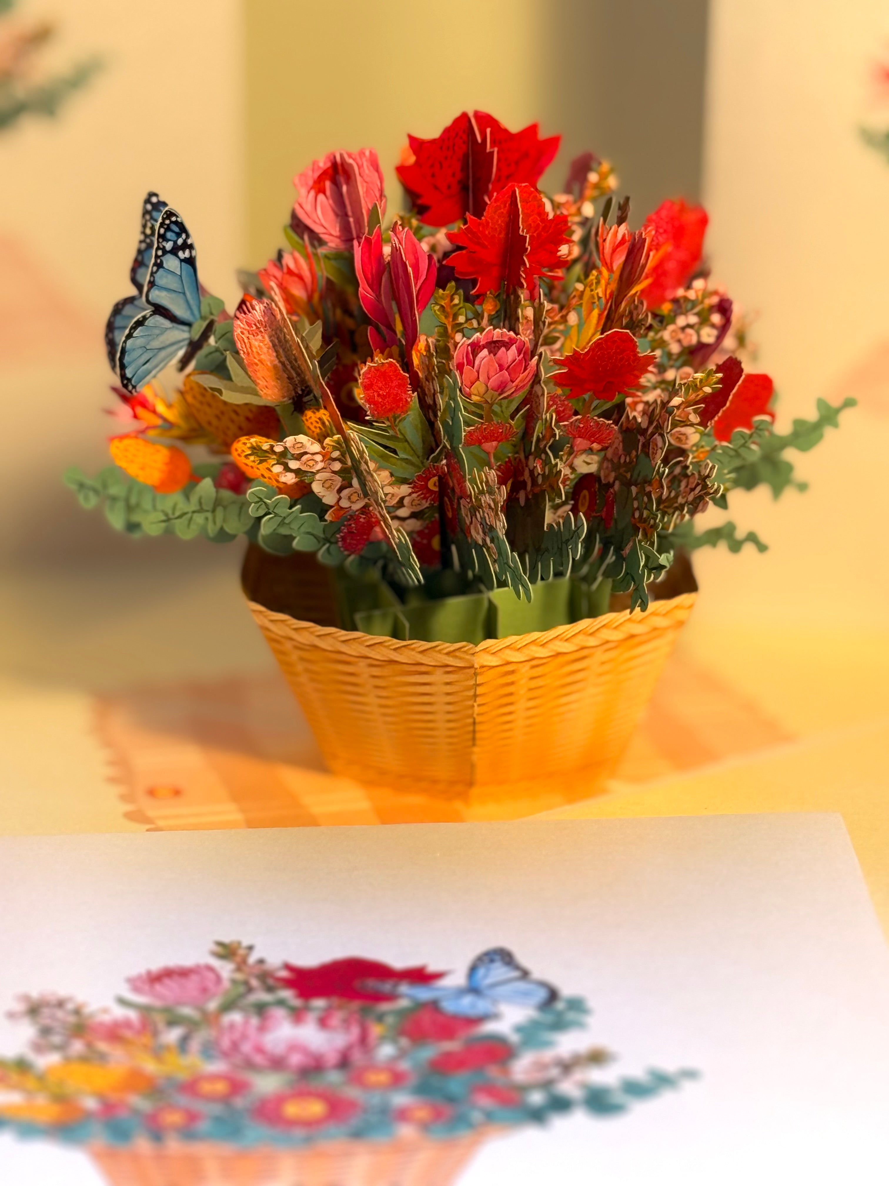 Australian Native Flower Basket with a Blue Butterfly Origami Pop Cards 3D Pop Up Greeting Card Happy Birthday Thank You Handmade Gift Thinking of You Blank Card for Any Occasion Happy Mother's Day Happy Father's Australiana Celebrate the Beauty of Flower