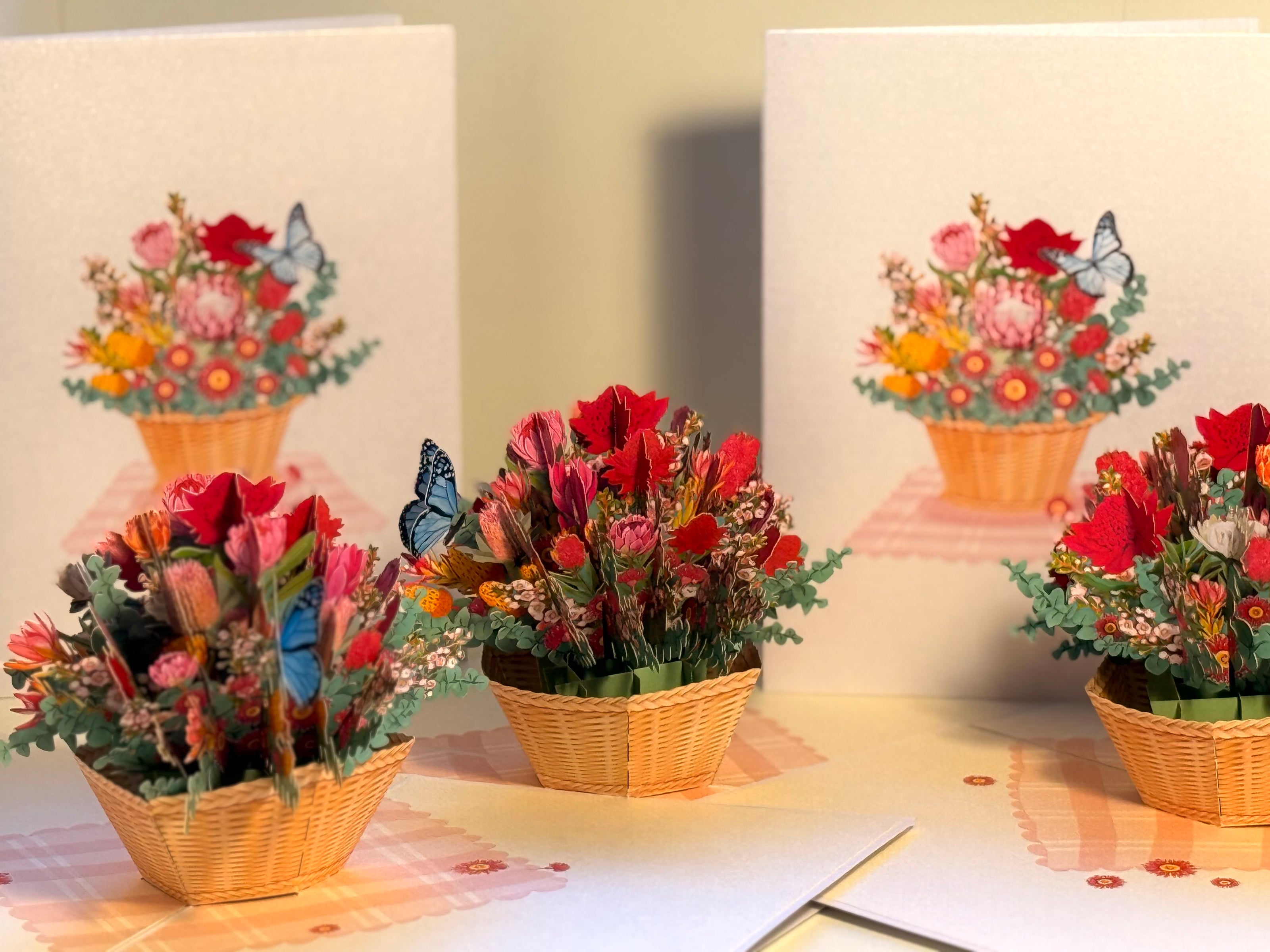 Australian Native Flower Basket with a Blue Butterfly Origami Pop Cards 3D Pop Up Greeting Card Happy Birthday Thank You Handmade Gift Thinking of You Blank Card for Any Occasion Happy Mother's Day Happy Father's Australiana Celebrate the Beauty of Flower