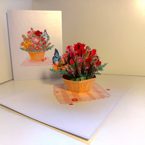 Australian Native Flower Basket with a Blue Butterfly Origami Pop Cards 3D Pop Up Greeting Card Happy Birthday Thank You Handmade Gift Thinking of You Blank Card for Any Occasion Happy Mother's Day Happy Father's Australiana Celebrate the Beauty of Flower