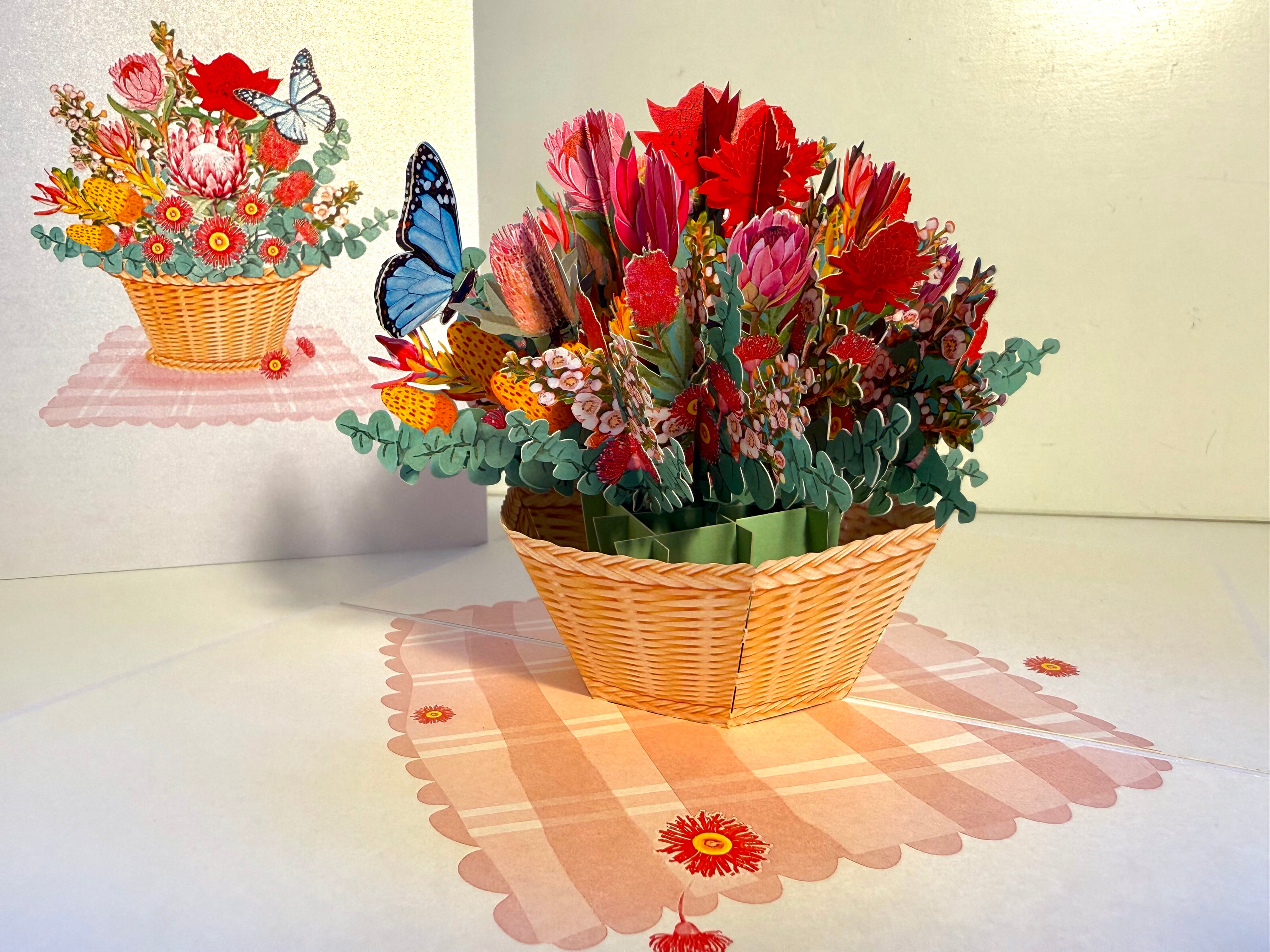 Australian Native Flower Basket with a Blue Butterfly Origami Pop Cards 3D Pop Up Greeting Card Happy Birthday Thank You Handmade Gift Thinking of You Blank Card for Any Occasion Happy Mother's Day Happy Father's Australiana Celebrate the Beauty of Flower