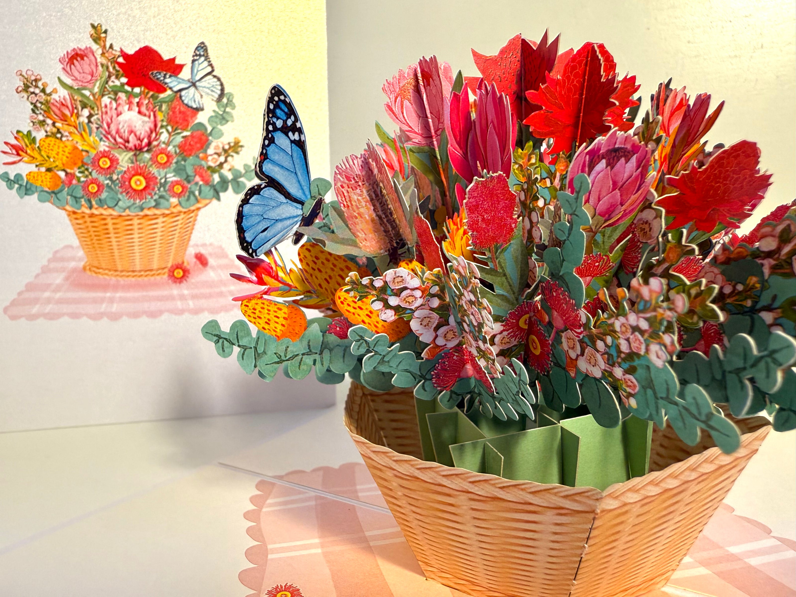 Australian Native Flower Basket with a Blue Butterfly Origami Pop Cards 3D Pop Up Greeting Card Happy Birthday Thank You Handmade Gift Thinking of You Blank Card for Any Occasion Happy Mother's Day Happy Father's Australiana Celebrate the Beauty of Flower