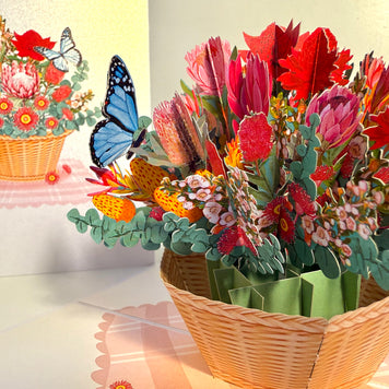 Australian Native Flower Basket with a Blue Butterfly Origami Pop Cards 3D Pop Up Greeting Card Happy Birthday Thank You Handmade Gift Thinking of You Blank Card for Any Occasion Happy Mother's Day Happy Father's Australiana Celebrate the Beauty of Flower