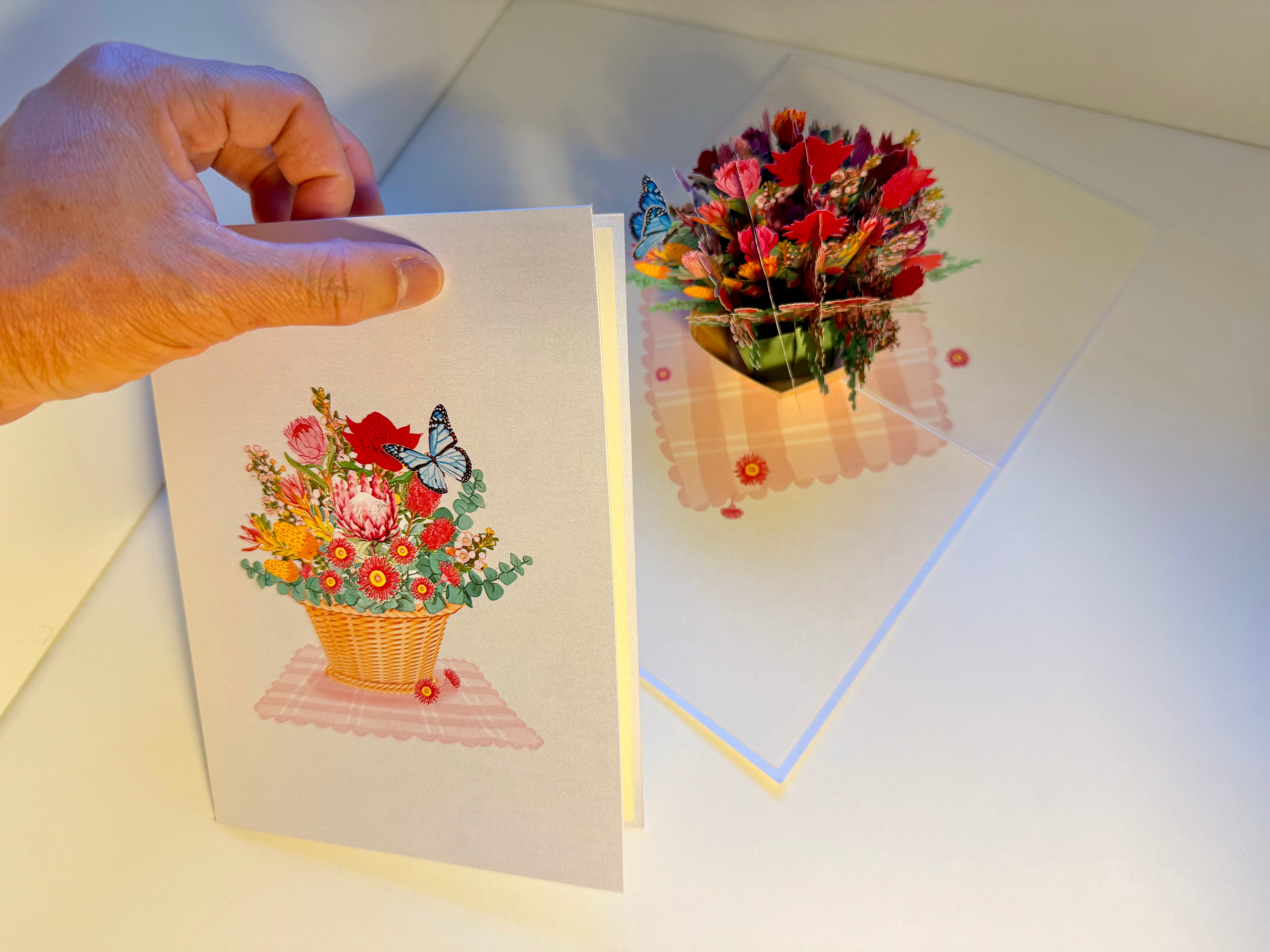Australian Native Flower Basket with a Blue Butterfly Origami Pop Cards 3D Pop Up Greeting Card Happy Birthday Thank You Handmade Gift Thinking of You Blank Card for Any Occasion Happy Mother's Day Happy Father's Australiana Celebrate the Beauty of Flower