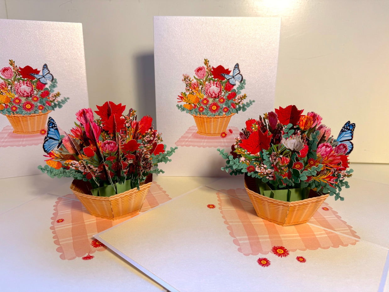 Australian Native Flower Basket with a Blue Butterfly Origami Pop Cards 3D Pop Up Greeting Card Happy Birthday Thank You Handmade Gift Thinking of You Blank Card for Any Occasion Happy Mother's Day Happy Father's Australiana Celebrate the Beauty of Flower