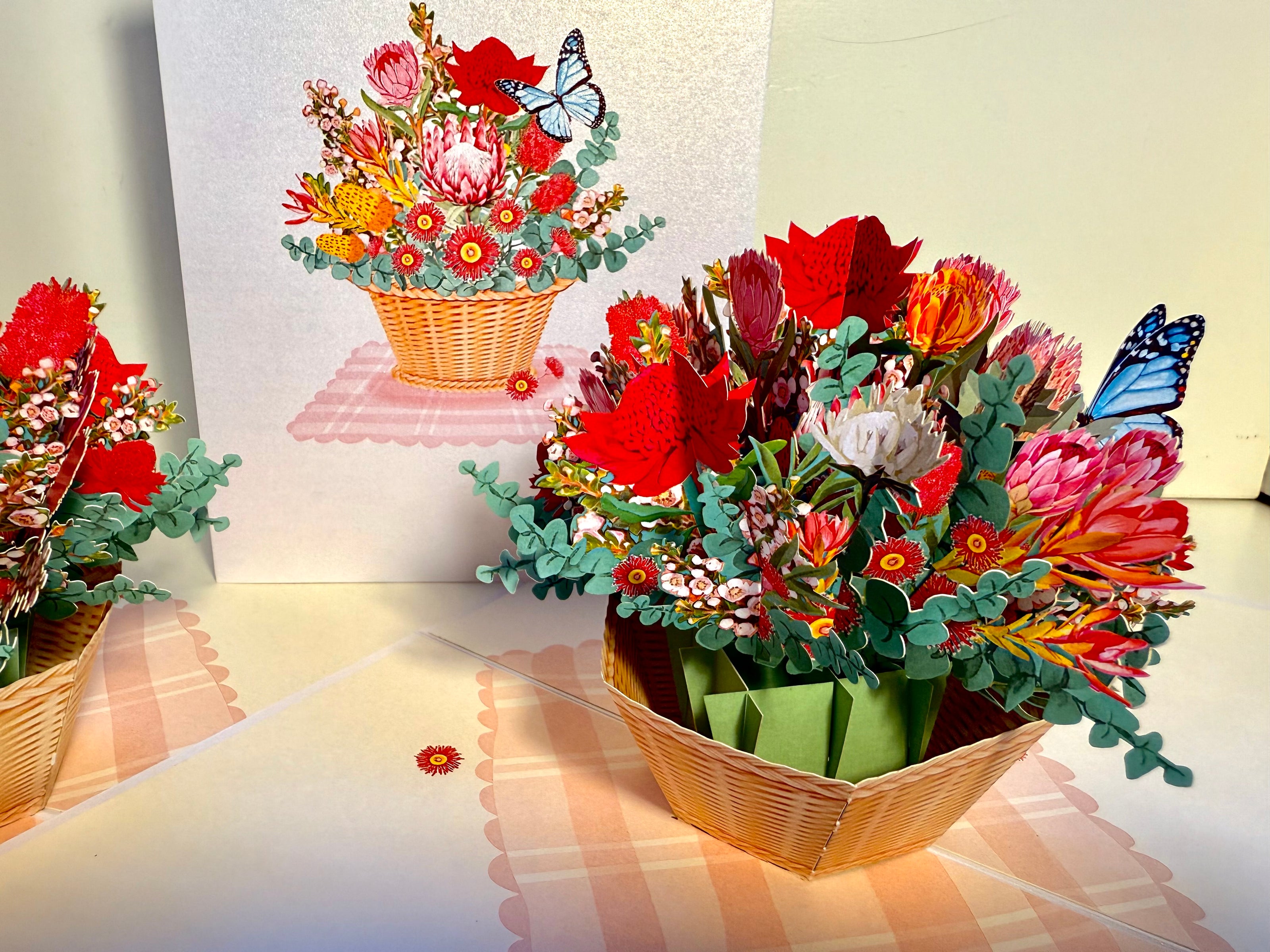 Australian Native Flower Basket with a Blue Butterfly Origami Pop Cards 3D Pop Up Greeting Card Happy Birthday Thank You Handmade Gift Thinking of You Blank Card for Any Occasion Happy Mother's Day Happy Father's Australiana Celebrate the Beauty of Flower