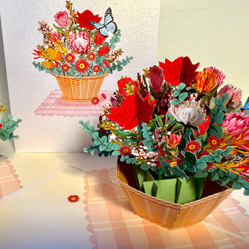 Australian Native Flower Basket with a Blue Butterfly Origami Pop Cards 3D Pop Up Greeting Card Happy Birthday Thank You Handmade Gift Thinking of You Blank Card for Any Occasion Happy Mother's Day Happy Father's Australiana Celebrate the Beauty of Flower