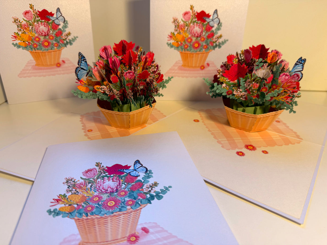 Australian Native Flower Basket with a Blue Butterfly Origami Pop Cards 3D Pop Up Greeting Card Happy Birthday Thank You Handmade Gift Thinking of You Blank Card for Any Occasion Happy Mother's Day Happy Father's Australiana Celebrate the Beauty of Flower