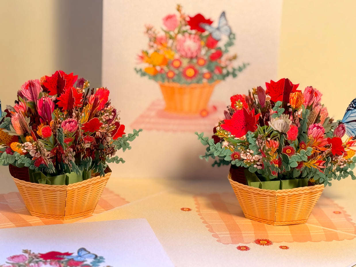 Australian Native Flower Basket with a Blue Butterfly Origami Pop Cards 3D Pop Up Greeting Card Happy Birthday Thank You Handmade Gift Thinking of You Blank Card for Any Occasion Happy Mother's Day Happy Father's Australiana Celebrate the Beauty of Flower