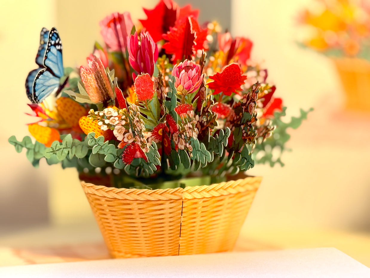 Australian Native Flower Basket with a Blue Butterfly Origami Pop Cards 3D Pop Up Greeting Card Happy Birthday Thank You Handmade Gift Thinking of You Blank Card for Any Occasion Happy Mother's Day Happy Father's Australiana Celebrate the Beauty of Flower